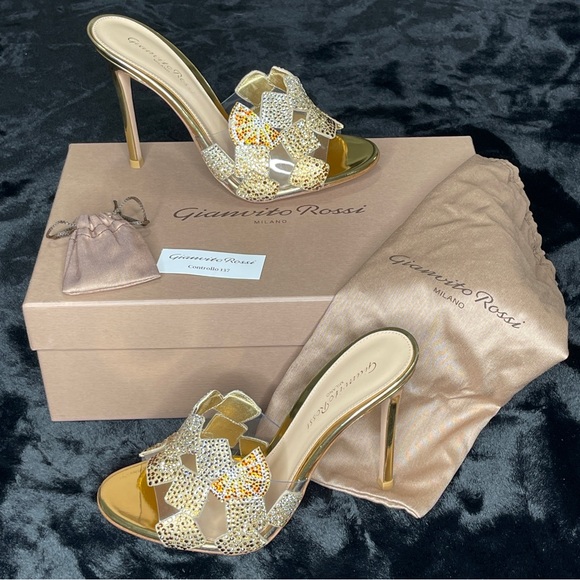 AUTH NEW GIANVITTO ROSSI RARE CRYSTAL MULES CLEAR GOLD SABOT HEEL 7 7.5 US 37.5 - Picture 1 of 17